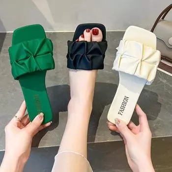 Классные тапочки женские летние 2025 года, новые однотонные с плоским дном, большой размер 4142, квадратная головка, женские тапочки 35 зелёный
