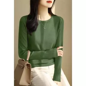 Классный круглый воротник черного цвета, трикотажная базовая рубашка с рукавом до локтя Pea Green ~ Long sleeves L