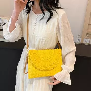 Клатч из рафии, женская модная соломенная сумка для ужина с кисточками, женская летняя повседневная сумка для отдыха, женская большая сумка через плечо 28x0.5x20cm хаки