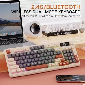 Клавиатура Bluetooth M96, подключение в двух режимах 2.4G, цифровой дисплей на аккумуляторе, ручка управления мультимедиа, цветная подсветка, ноутбук