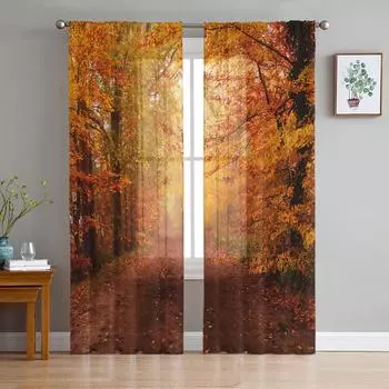 Кленовые опавшие листья Лесная тропинка Прозрачные шторы Окно гостиной Тюль Шторы для спальни Вуалетные шторы Роскошные шторы W135 x H114cm