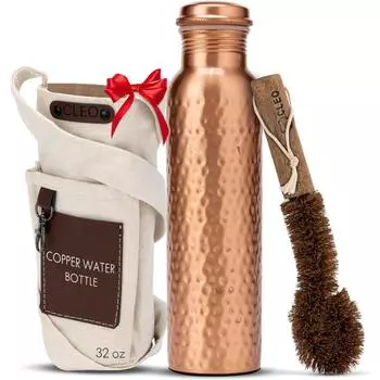 КЛЕО ДОМ (32 унции/950 мл) Сделанная вручную кованая бутылка для воды из 100% аюрведической меди с чистящей щеткой и холщовым мешком