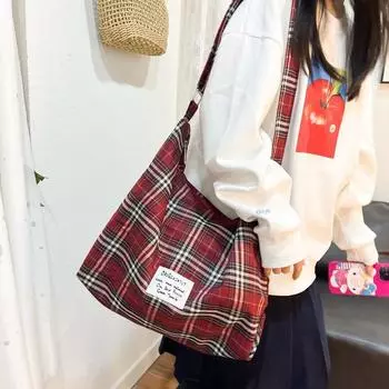 Клетчатая большая сумка через плечо женская зимняя новая корейская студенческая повседневная универсальная сумка через плечо для женщин сумка для покупок красный