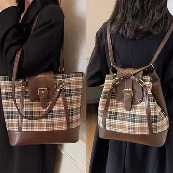 Клетчатая большая вместительная сумка через плечо женская винтажная сумка-рюкзак