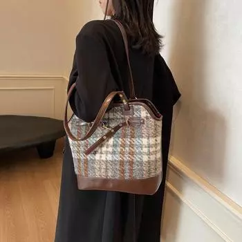 Клетчатая большая вместительная сумка-тоут женская сумка через плечо винтажный рюкзак зелёный