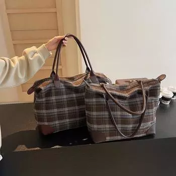 Клетчатая дорожная сумка женская сумка через плечо большая вместительная сумка сумка для хранения Small кофейный