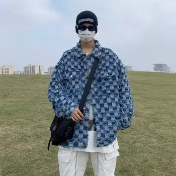 Клетчатая джинсовая куртка мужская и женская весна-осень, американская уличная ретро-стиль, свободная куртка 3XL синий