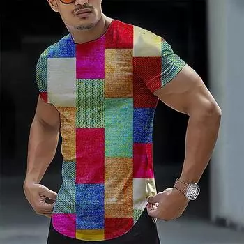 Клетчатая футболка для мужчин, летние футболки, топы, свободные, с коротким рукавом, модная мужская одежда, повседневная футболка, быстросохнущая, уличная одежда S