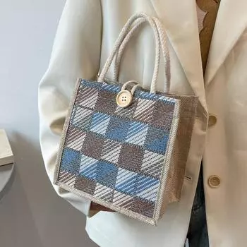Клетчатая холщовая ручная сумка из мешковины модная ручная сумка для ланча сумка для ланча Ins Student маленькая сумка через плечо для женщин