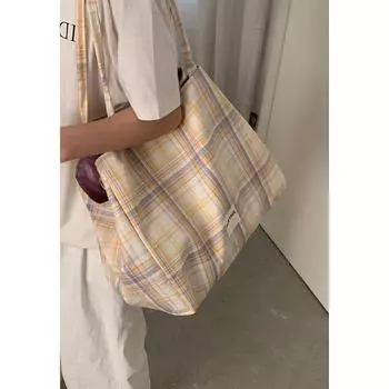 Клетчатая холщовая сумка Ленивый ветер женская сумка 2025 новая простая сумка-тоут большая вместимость сумка через плечо жёлтый