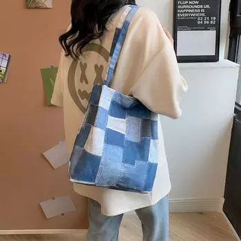 Клетчатая холщовая сумка женская сумка-тоут большая вместительная летняя универсальная сумка через плечо для студентов колледжа сумка для занятий