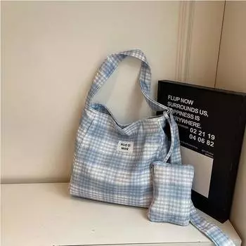 Клетчатая контрастная холщовая сумка для женщин, большая вместительная студенческая сумка для поездок на работу, сумка для компьютера, универсальная повседневная сумка через плечо на одно плечо