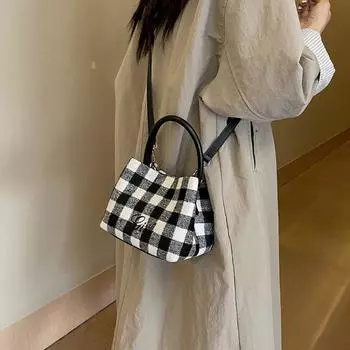 Клетчатая контрастная ретро-сумка через плечо корейская модная мини-сумка простая женская новая осенне-зимняя высококачественная фактурная сумка-ведро Mini(Max Length<20cm)