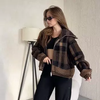 Клетчатая куртка Женское пальто Элегантный вязаный свитер на молнии с карманом на лацкане Повседневный утепленный топ Повседневная верхняя одежда Осень Зима S коричневый