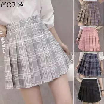 Клетчатая летняя женская юбка с высокой талией, студенческие плиссированные юбки, женские милые мини-юбки для танцев для девочек XS белый