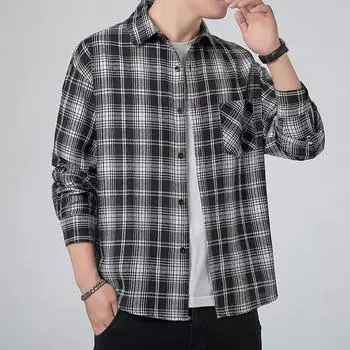 Клетчатая мужская рубашка с длинным рукавом, японская универсальная, высококачественная, повседневная и стильная рубашка L