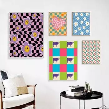 Клетчатая настенная художественная печать, забавная волновая картина, модная эстетика, минималистичный постер, скандинавское украшение для дома 21cm30cm NoFrame