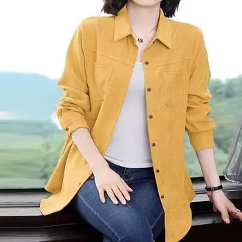 Клетчатая одежда больших размеров в любое время года, модная повседневная свободная тонкая тонкая верхняя одежда с длинными рукавами, женское универсальное вельветовое пальто S-3XL M жёлтый