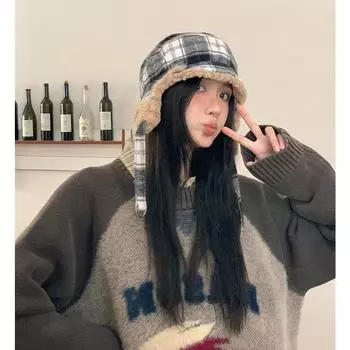 Клетчатая плюшевая шапка Lei Feng женская осенне-зимняя шапка для защиты ушей от холода для велосипедистов One size чёрный