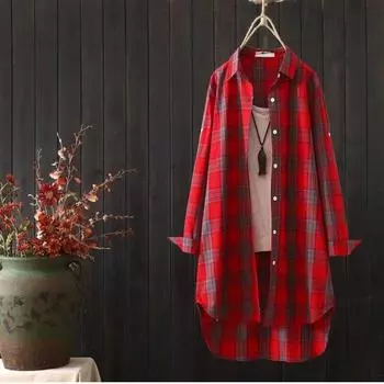 Клетчатая повседневная осенняя блузка с длинным рукавом, женские свободные рубашки, солнцезащитный крем, яркие модные рубашки большого размера 3XL красный