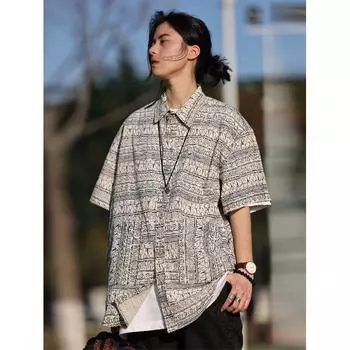 Клетчатая ретро-рубашка, мужская летняя одежда, стиль Гонконга, студенческий свободный и нишевый дизайн, забавный новый мужской топ для ношения на открытом воздухе M синий