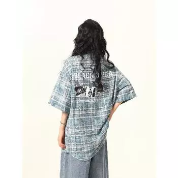 Клетчатая ретро-рубашка, мужская летняя одежда, стиль Гонконга, студенческий свободный и нишевый дизайн, забавный новый мужской топ для ношения на открытом воздухе M синий