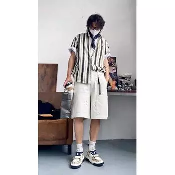 Клетчатая ретро-рубашка, мужская летняя одежда, стиль Гонконга, студенческий свободный и нишевый дизайн, забавный новый мужской топ для ношения на открытом воздухе M