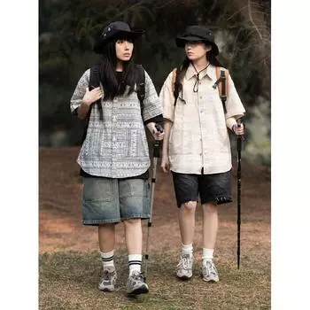 Клетчатая ретро-рубашка, мужская летняя одежда, стиль Гонконга, студенческий свободный и нишевый дизайн, забавный новый мужской топ для ношения на открытом воздухе M синий