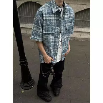 Клетчатая ретро-рубашка, мужская летняя одежда, стиль Гонконга, студенческий свободный и нишевый дизайн, забавный новый мужской топ для ношения на открытом воздухе M синий
