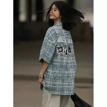 Клетчатая ретро-рубашка, мужская летняя одежда, стиль Гонконга, студенческий свободный и нишевый дизайн, забавный новый мужской топ для ношения на открытом воздухе M синий