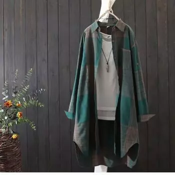 Клетчатая рубашка для весны и лета, солнцезащитная одежда, ретро-свободная тонкая куртка, рубашка для женщин S зелёный