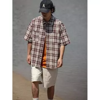 Клетчатая рубашка мужская летняя японская ретро свободная повседневная рубашка с рукавами пять четвертей американская уличная модная брендовая куртка M синий