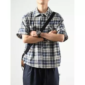 Клетчатая рубашка мужская летняя японская ретро свободная повседневная рубашка с рукавами пять четвертей американская уличная модная брендовая куртка M синий