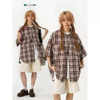 Клетчатая рубашка мужская летняя японская ретро свободная повседневная рубашка с рукавами пять четвертей американская уличная модная брендовая куртка M синий