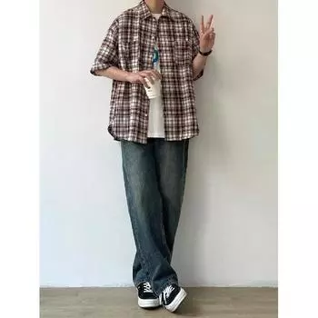 Клетчатая рубашка мужская летняя японская ретро свободная повседневная рубашка с рукавами пять четвертей американская уличная модная брендовая куртка M синий