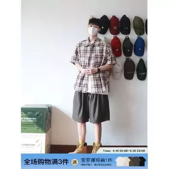 Клетчатая рубашка мужская летняя японская ретро свободная повседневная рубашка с рукавами пять четвертей американская уличная модная брендовая куртка M синий