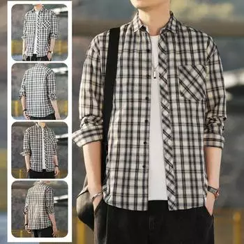 Клетчатая рубашка мужская свободная рубашка с лацканами, повседневная рубашка с длинными рукавами, куртка XXXXL
