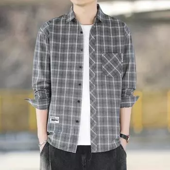 Клетчатая рубашка мужская свободная рубашка с лацканами, повседневная рубашка с длинными рукавами, куртка XXXXL