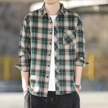 Клетчатая рубашка мужская свободная рубашка с лацканами, повседневная рубашка с длинными рукавами, куртка XXXXL