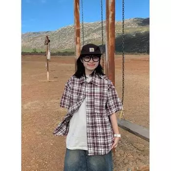 Клетчатая рубашка с коротким рукавом для женщин, летний модный бренд для подростков, учащихся средних и старших классов. Красивая верхняя одежда, свободная Гонконг M синий