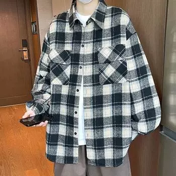 Клетчатая рубашка в гонконгском стиле, свободное пальто, мужские и женские рубашки, универсальное клетчатое пальто S чёрный