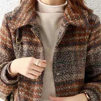 Клетчатая шерстяная куртка женская 2024 осень-зима новая корейская версия женская одежда большой размер тонкий повседневный универсальный короткий шерстяной женский S
