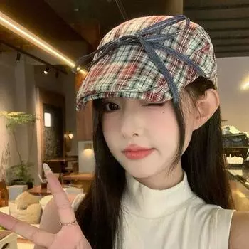 Клетчатая шляпа в британском стиле с бантом, женская, 2024 года, новая, ретро, универсальная, кепка газетчика, показывающая лицо, маленькая, берет M56-58cm