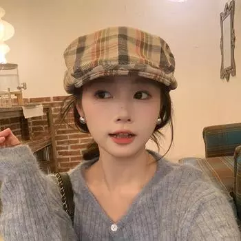 Клетчатая шляпа вперед детская осенне-зимняя ретро клетчатая берет милая кепка повседневная нишевая рабочая шляпа M54-58cm