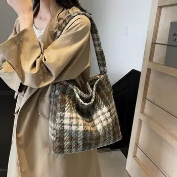 Клетчатая сумка через плечо, большая вместительная сумка через подмышку, женская сумка-тоут синий