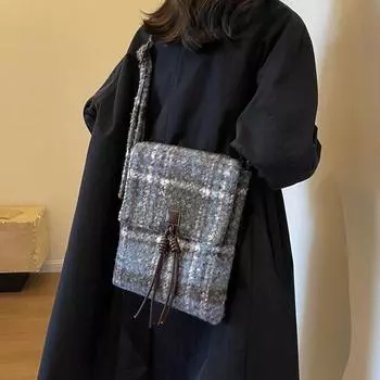 Клетчатая сумка через плечо, большая вместительная сумка в клетку, женская сумка через плечо кофейный