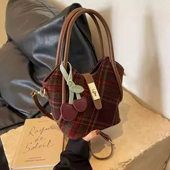 Клетчатая сумка через плечо, однотонная шерстяная сумка-тоут, повседневная сумка на одно плечо для девочек коричневый/красный