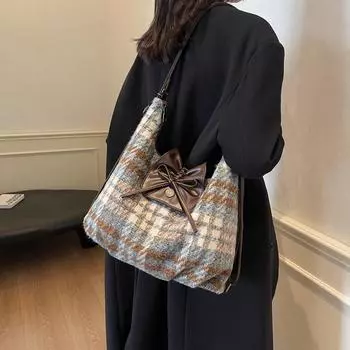 Клетчатая сумка-тоут, большая вместимость, женская сумка через плечо, сумка для поездок под мышкой темно-синий