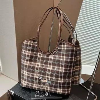 Клетчатая сумка-тоут с рисунком щенка, рюкзак большой емкости, сумка подмышкой, женская сумка для поездок на работу розовый