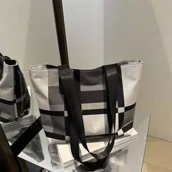 Клетчатая сумка-тоут в стиле casual, летняя, новая, вместительная, простая, женская сумка для поездок на работу, сумка через плечо под мышкой темно-коричневого